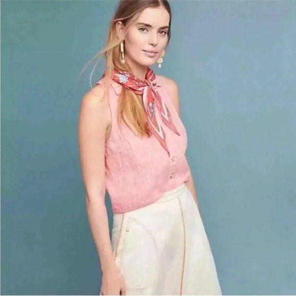 Anthropologie Maeve Felicity Sleeveless Button Front Linen Top Light Red SZ US 6 - Picture 1 of 11
